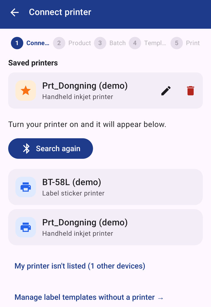 The Connect printer screen in the TrueGTIN app, listing a saved handheld inkjet printer above the Bluetooth devices found by the current search
