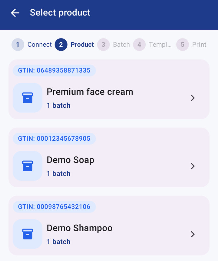 The Select product step of the app, listing three products with their GTINs and how many batches each has