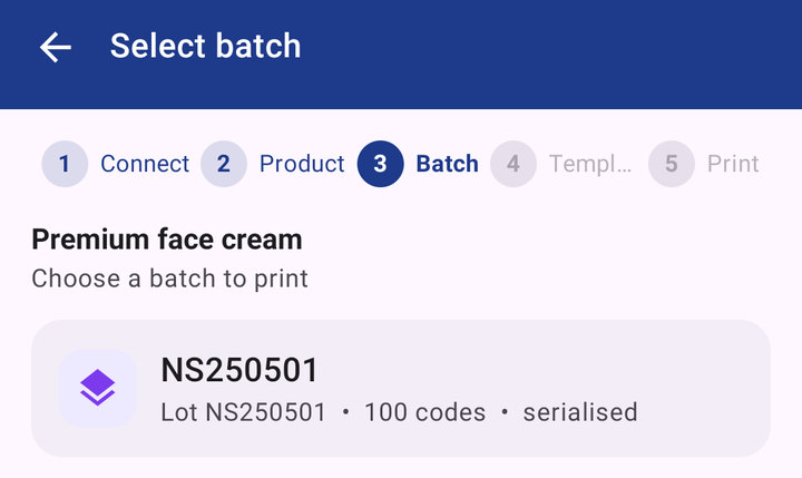 The Select batch step, showing one batch with its lot number, a count of one hundred codes, and the word serialised