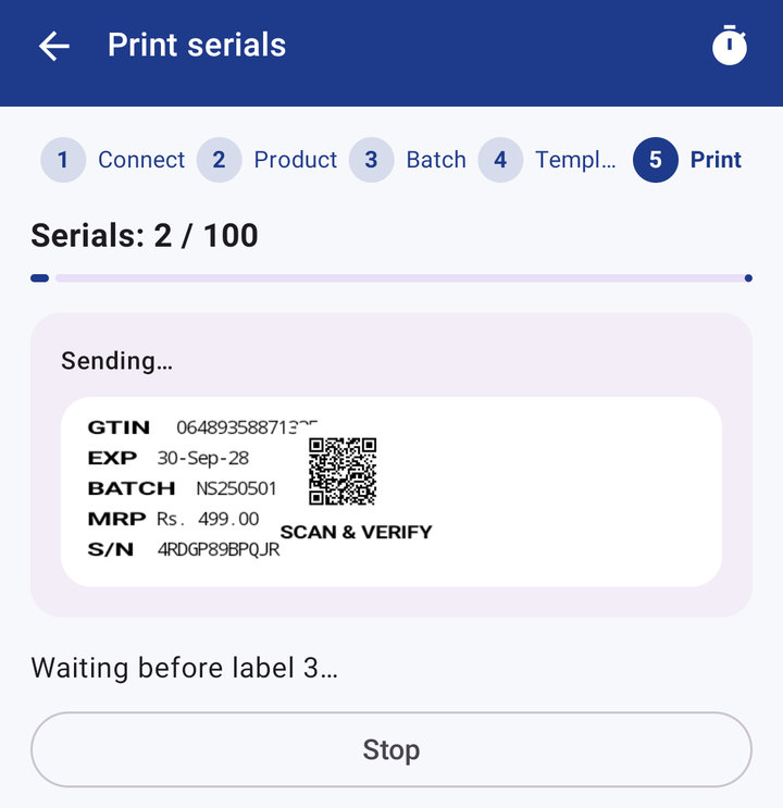 The print run screen, showing two of one hundred serials done and the mark being sent: GTIN, expiry, batch, MRP, a unique serial number and a QR code marked scan and verify